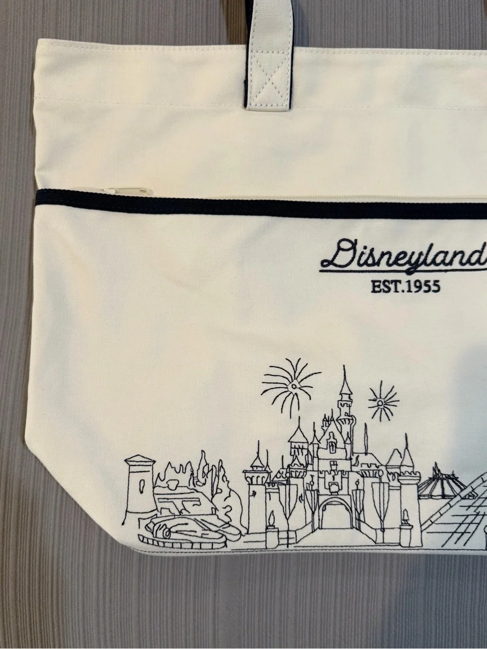 New Disneyland Est 1955 - 5 Park Icons Linework Embroidered Tote Bag Black/White